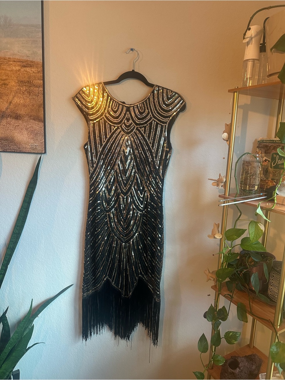 Black and Gold Sequin Fringe Evening Dress - Flapper Dress